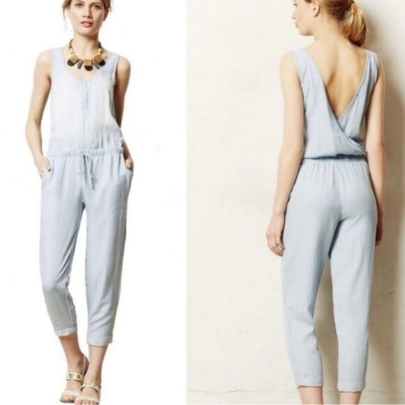Cloth & Stone‎ Deep Surplice Back Blue Chambray Jumpsuit TENCEL 06609-670 SMALL - Picture 5 of 14
